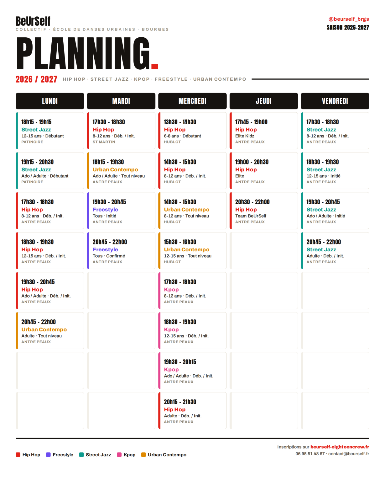 Planning des cours Hip Hop, Street Jazz, Kpop, Freestyle et Urban Contempo saison 2026-2027